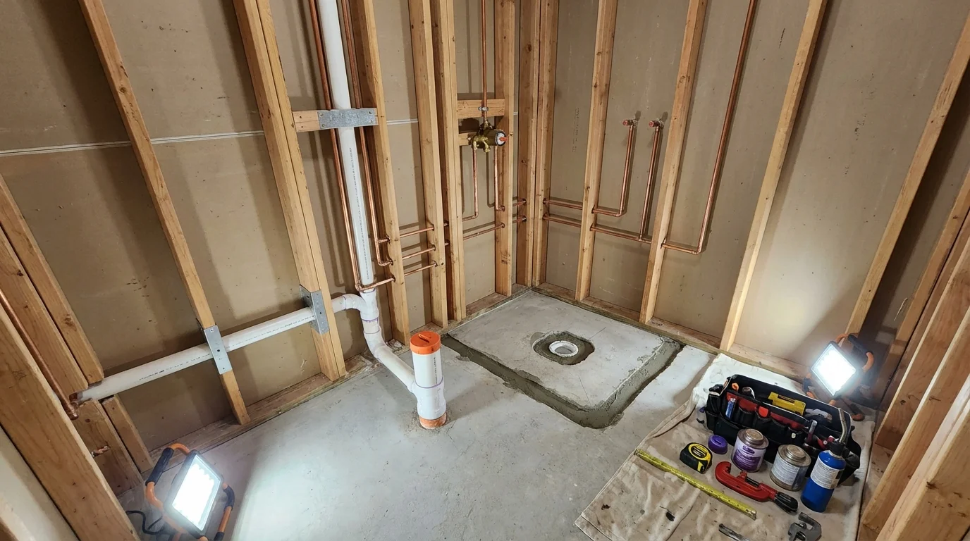 Bathroom rough-in plumbing during remodel by Johns Plumbing LLC in Webb