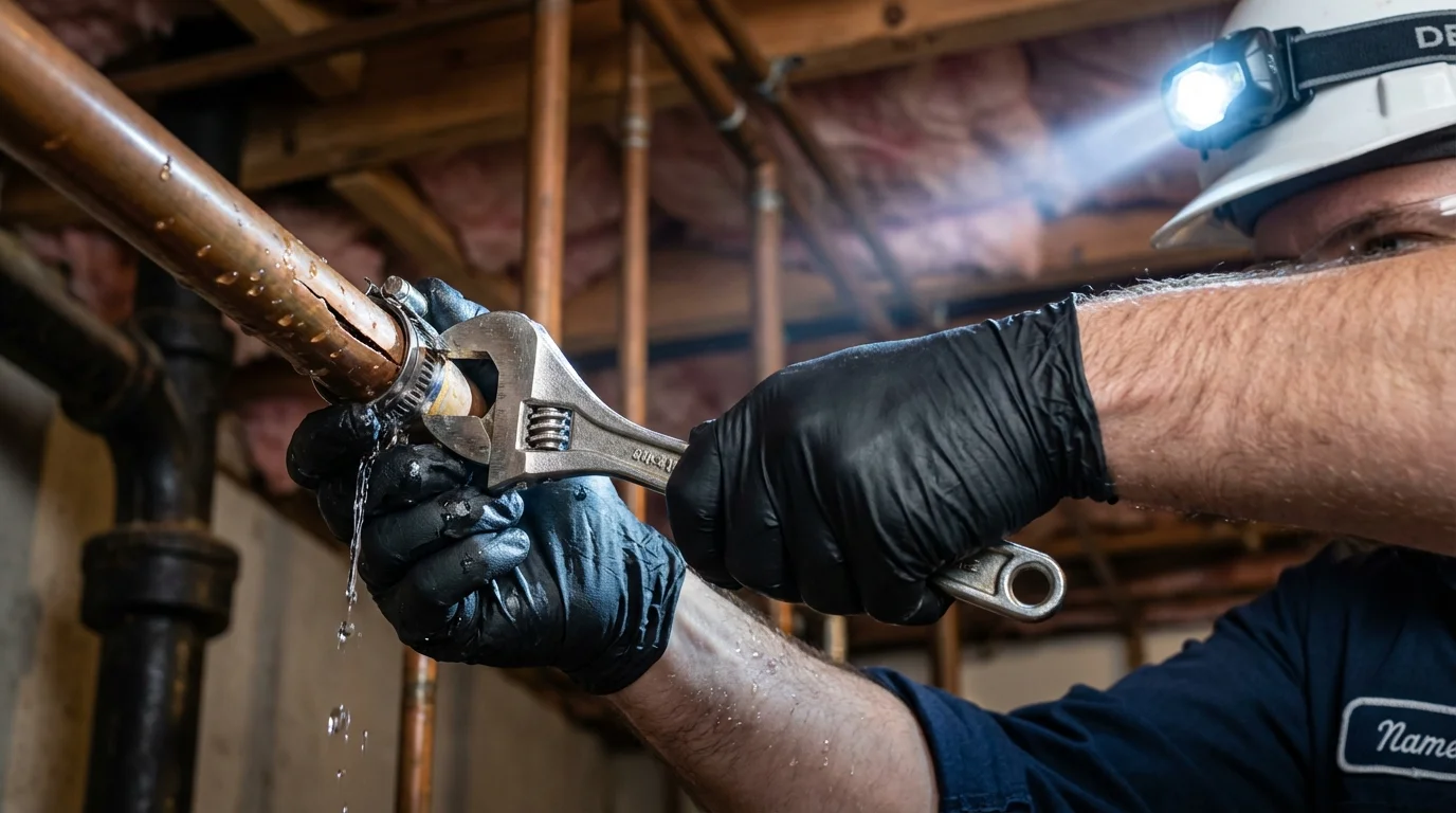 Emergency pipe clamp repair being performed by a Johns Plumbing LLC plumber in Webb