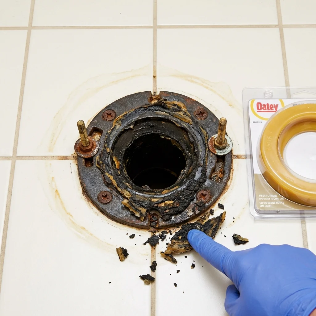 Failed wax ring showing water seepage at the base of a toilet in a Webb, AL home