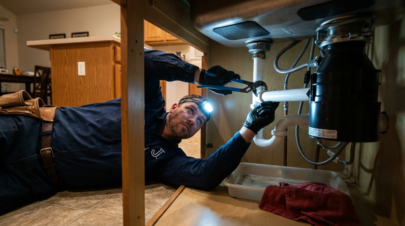 P-trap and supply line connections under a kitchen sink showing a common leak point in Webb, AL